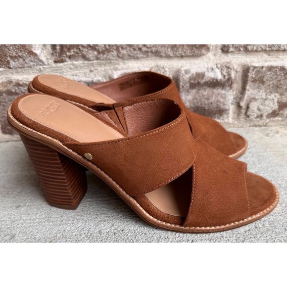 UGG Celia HeelsSize 9 Logo Suede Leather Slip on SandalsSlides Stack…